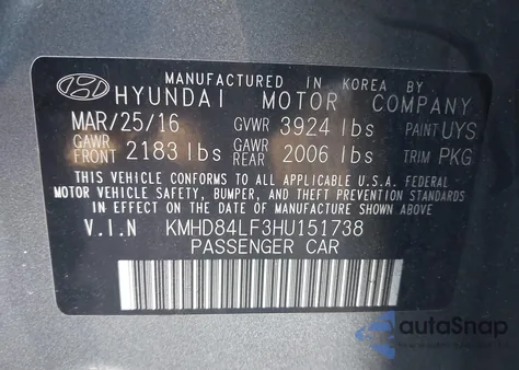 2017 Hyundai Elantra Se from USA, damaged, VIN KMHD84LF3HU151738